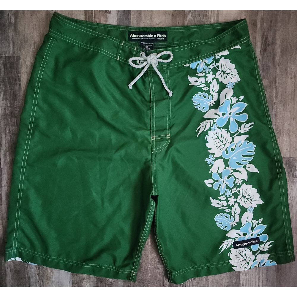 Abercrombie & Fitch Vintage Y2K Board Shorts Mens 36 Green Floral Swim Trunks
